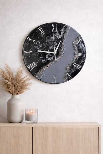rustikhomedecor Epoksi Duvar Saati 30 cm – Siyah Gri Tonlarda Modern Rustik T...