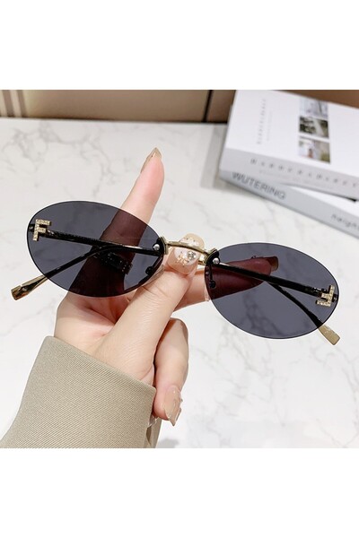 choice2 نظارات شمسية سوداء أنيقة بيضاوية الشكل مرصعة بالألماس، بدون إطار، للر...