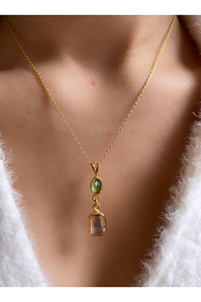 Src Jewelry 925 Ayar Gümüş Pembe Kuvars&Peridot Kolye