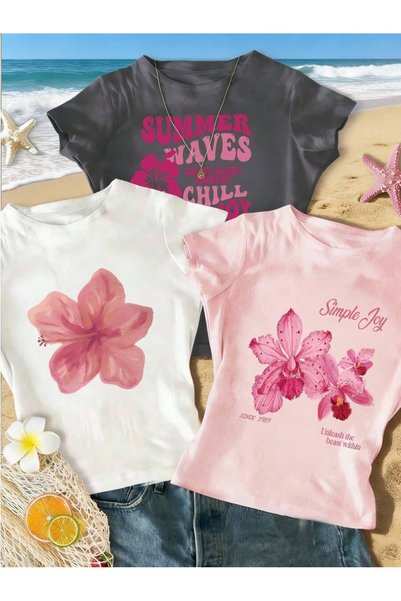 PALPİTO Kadın 3'lü Summer Baskılı Bisiklet Yaka Dar Crop Tshirt