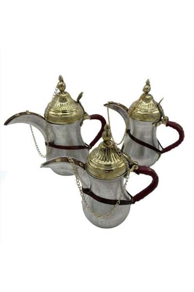 Generic Syrian Brass Coffee Pot Set 3 Pieces Pomegranate Design