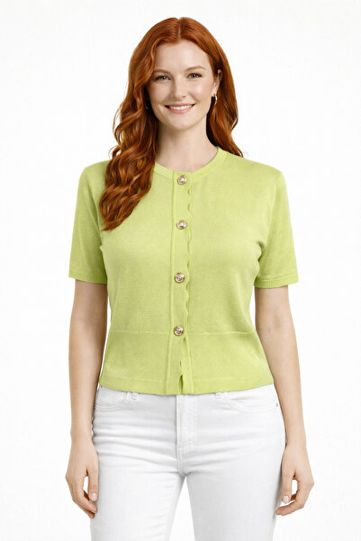 Neden Tekstil Gold Buttoned Wavy Patchwork Short Sleeve Knitwear Cardigan