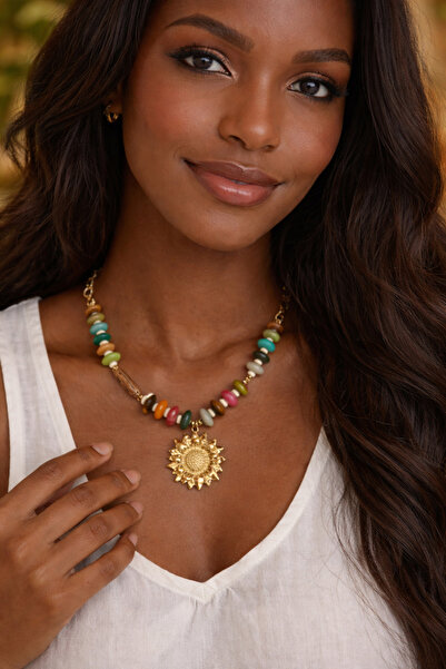 Marca Accessories Renkli Doğal Taş Boncuklu Ayçiçeği Figürlü Gold Kolye