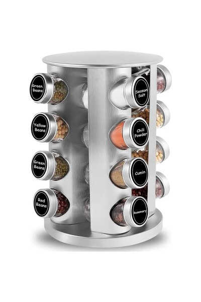 AyrStore 16'lı Döner Stantlı Baharatlık Seti - Paslanmaz Çelik Stant ve Cam Ş...