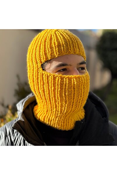 daldandala Sarı Yünlü Erkek Balaclava Kar Maskesi, Yünlü Kışlık Bere