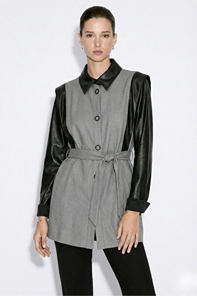 Mizalle Blok Deri Detaylı Çıt Çıtlı Siyah Gri Tunik