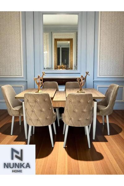 NUNKA HOME Şato Serisi Mutfak ve Salon Yemek Masası Takımı Cappuccino +6 Sand...