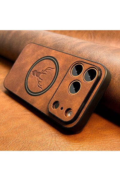 Choice98 جراب فاخر من جلد الصناعي البني بتصميم غزال لهاتف iPhone 17 Pro Max، ...