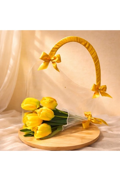 ADA HOME COLLECTION SHOP SARI LALE ÖZEL TASARIM ŞEFFAF ÇANTA ÇİÇEK BUKETİ