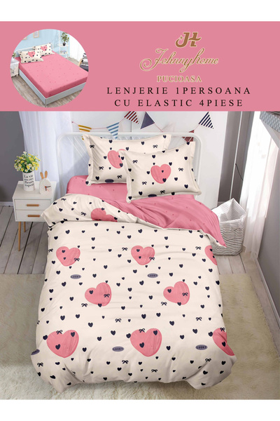 FIONNA.RO Finet Duvet Cover Set Linen With Stretchy 1 Person - Pink With Hear...