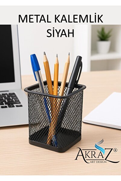 Akraz Art Design MASA ÜSTÜ METAL TEKLİ KALEMLİK SİYAH (kare)