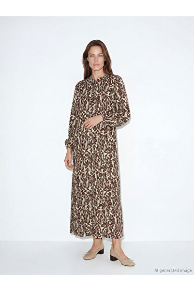 LC Waikiki LCW Grace Brown рокля с висока яка и флорален принт