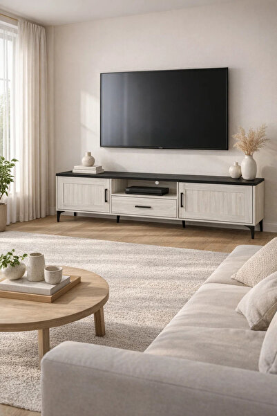 MARIA HOMES White Oak TV Stand – 200x40x50 cm Modern Wooden Plasma Table with...