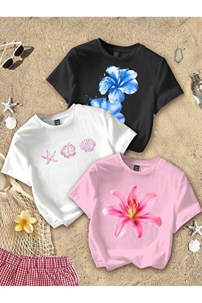 PALPİTO Tricou crop mulat cu decolteu rotund, imprimat cu tematică de plajă, ...