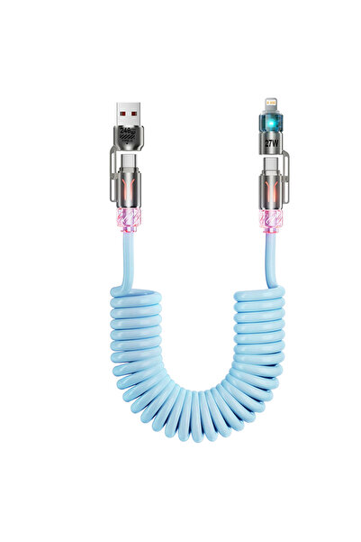 Choice كابل شحن سريع زنبركي أزرق 240 واط 4 في 1، من USB A/C إلى USB C/L، سلك ...