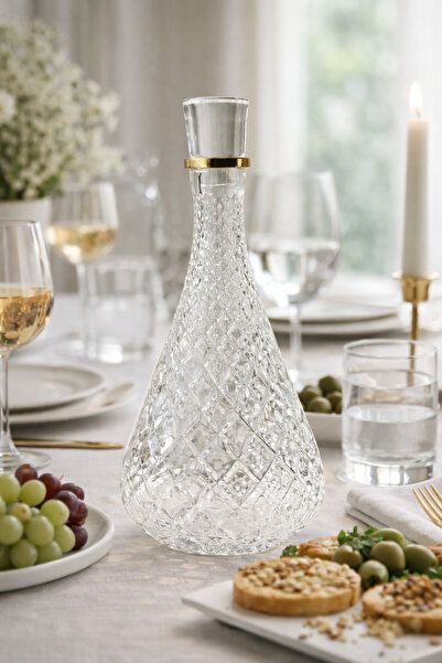 HOME SET Kristal Desenli Cam Şişe – Gold Detaylı Şık Sunum Şişesi