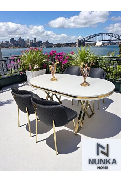 NUNKA HOME Arya Gold Line Serisi Antrasit +4 Sandalyeli Mdf Lak Panel Beyaz M...