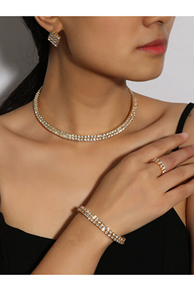 Take Two By Styli طقم نسائي مرصع بأحجار الراين، يتضمن قلادة وسوار وخاتم وأقراط