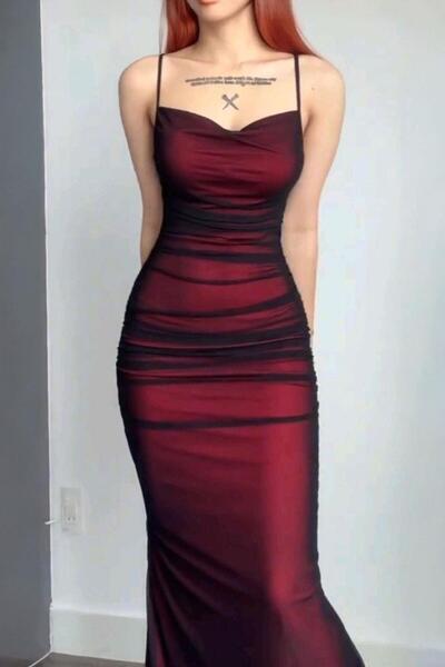 Köstebek Burgundy Vintage Sandy Dress with Tulle Detail and Straps