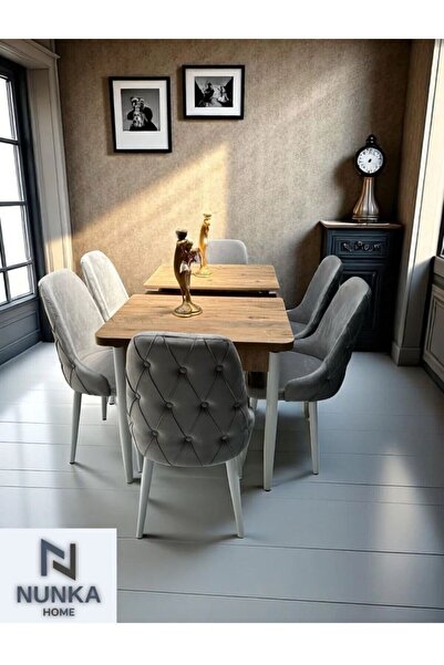 NUNKA HOME Şato Serisi Mutfak ve Salon Yemek Masası Takımı Gri +6 Sandalyeli ...