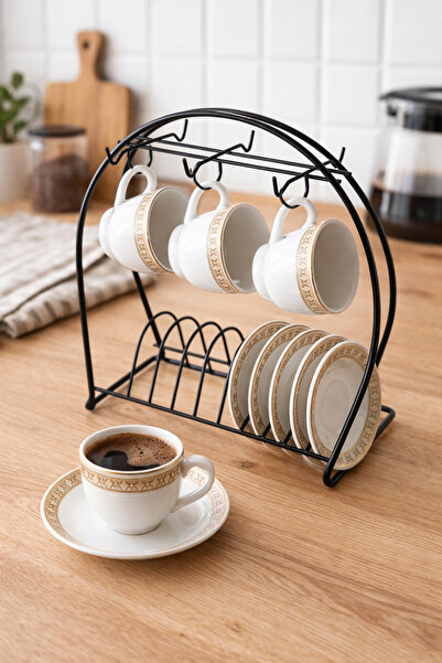 BERFİNO Türk Kahvesi Fincanlığı ve Tabaklık Metal Stand – 6’lı Fincan Askılı ...
