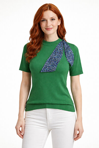 Neden Tekstil Green Scarf Short Sleeve Knit Sweater