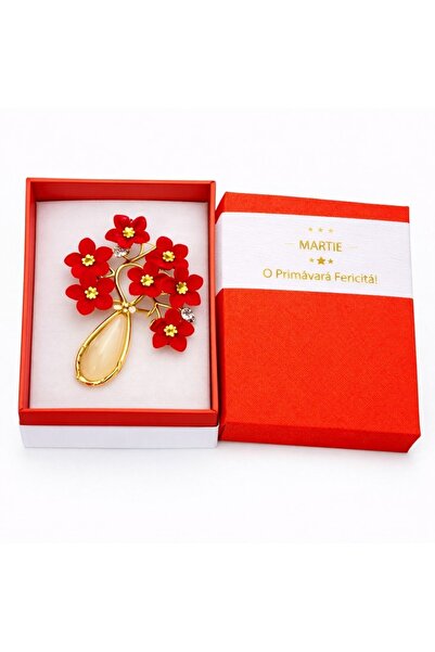 OEM Broșă Mărțișor Vaza cu Flori Roșii