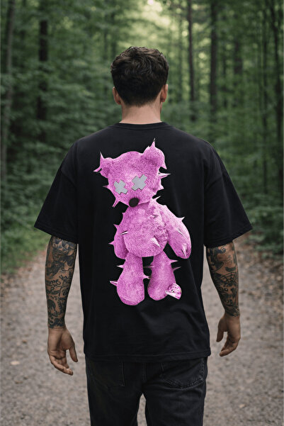 VANTINA Unisex Pink Teddy Bear Printed Oversize Cotton Crew Neck Short Sleeve...