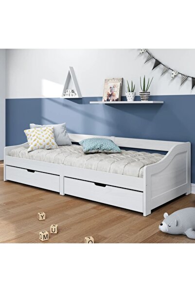 Concept Pat de zi cu 2 sertare „IRUN”, alb, 90x200 cm, lemn masiv de pin