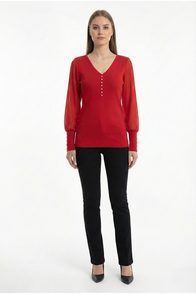 NAR ÇİÇEĞİ GİYİM V Yaka Şifon Kollu İnci Düğmeli Triko Bluz