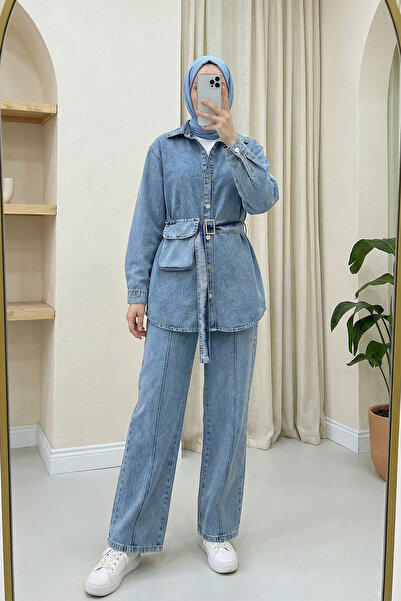 MODAQU Shirt, Trousers, Jeans Set with Bag Pockets - Blue