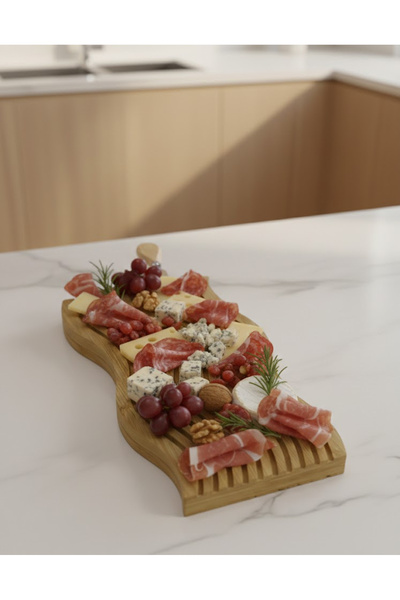 Nuha Home Bambu Dalgalı Sunum Tabağı Sunum Tahtası Dekoratif Sunumluk - Kesme...