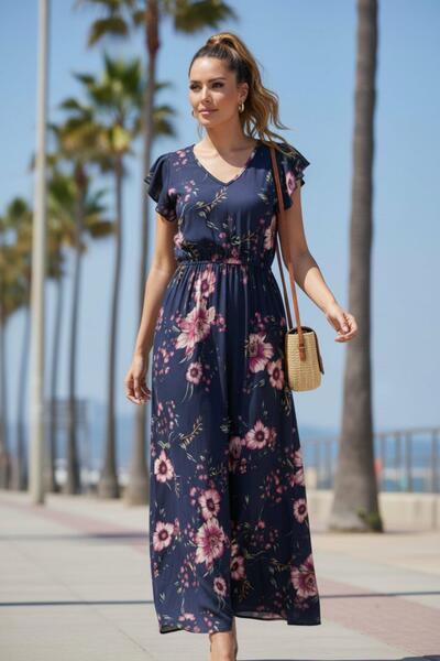 Mossta V-Neck Ruffle Sleeves Floral Print Slit Long Single Jersey Dress - Nav...