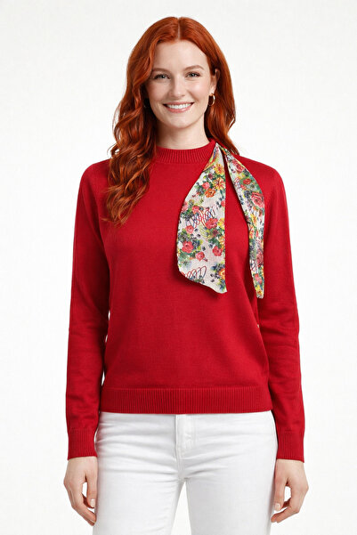 Neden Tekstil Red Scarf Detailed Half-Throat Knitwear Sweater
