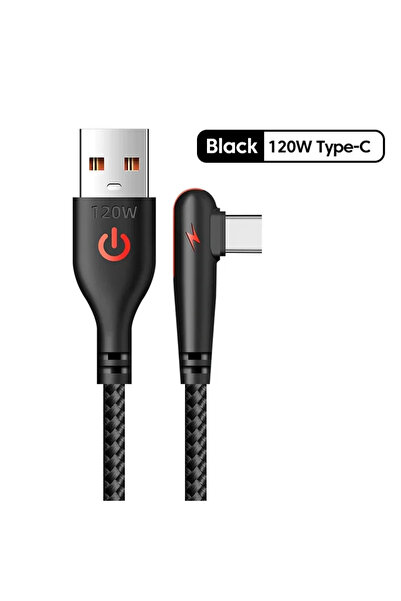 Choice6 كابل USB-C أسود بطول 0.25 متر وقوة 120 واط، شحن سريع، سلك بزاوية 90 د...