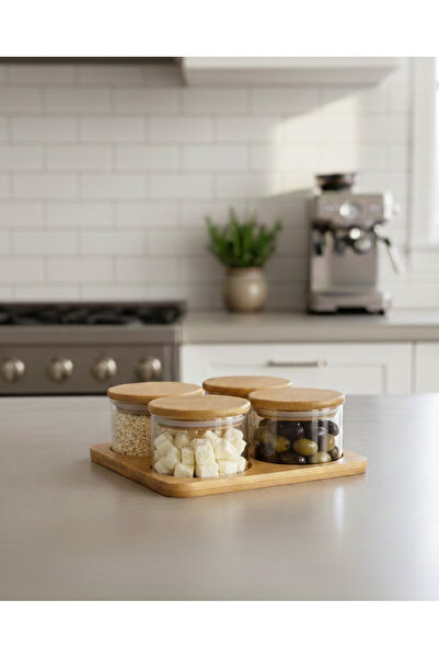Nuha Home Standlı Bambu Kapaklı Yuvarlak Kahvaltılık 4’lü Set