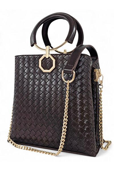 Evident Brown Knitted Patterned Ring Handle Chain Strap Hand and Shoulder Wom...