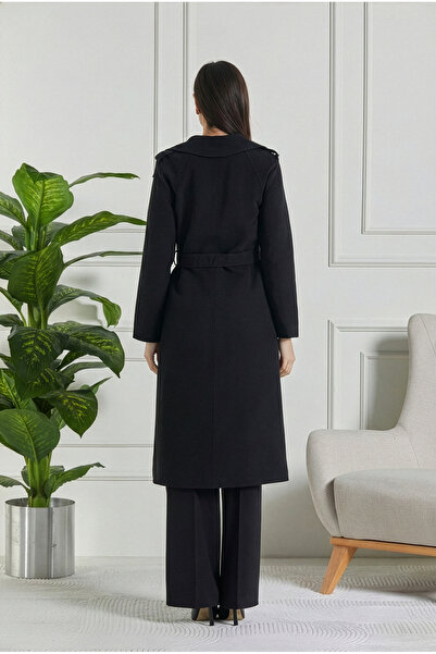 ceyniye Button Detailed Pocketed Belted Coat with Patches