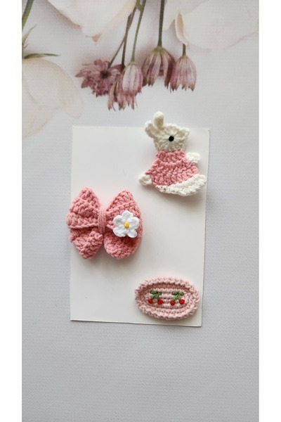 Baby El örgüsü az saçlı bebek toka seti fiyonk & kiraz işlemeli & tavşan model
