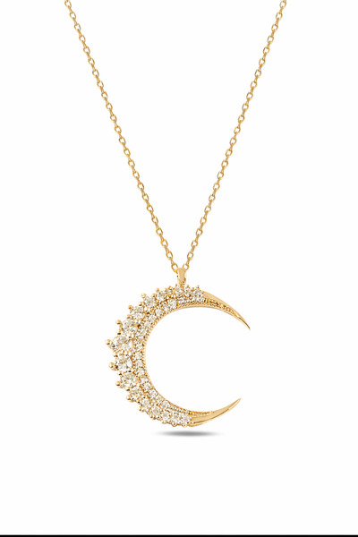 ÇEKİRDEK JEWELRY 925 Ayar Gümüş Sarı Altın Kaplama Taşlı Hilal Kolye – Zirkon...