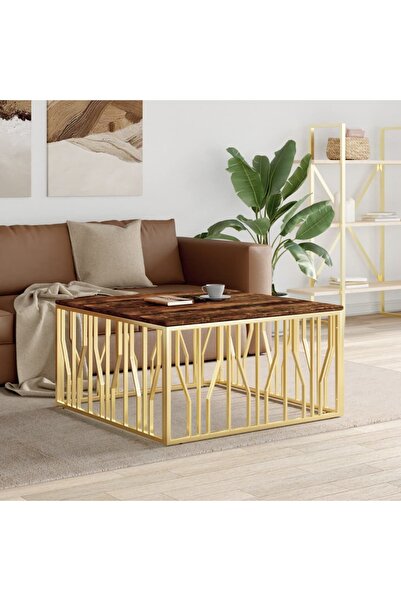 Concept Masă de cafea, auriu, oțel inoxidabil și lemn masiv reciclat