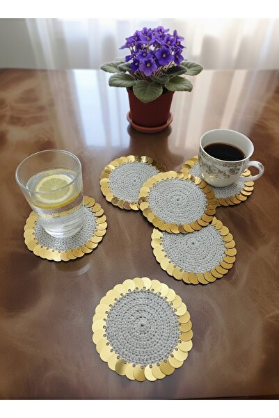 SAMSA Gold Sparkling Hand Knitted Coaster Set 6 Pieces.