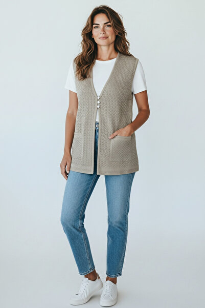 ECE GİYİM Women's Mercerized Vest with Three Button Pockets on the Front