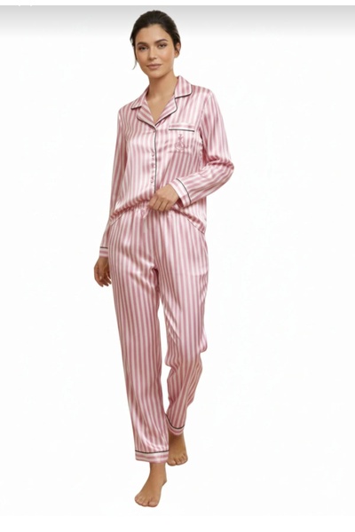 CHARM ملابس داخلية نسائية من Love Secret، طقم بيجامة من الساتان مخطط بأكمام ط...