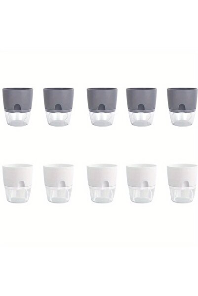 choice2 10 قطع - رمادي وأبيض، 5/10 قطع، أصيص زهور بلاستيكي ذاتي الري، مزدوج ،...