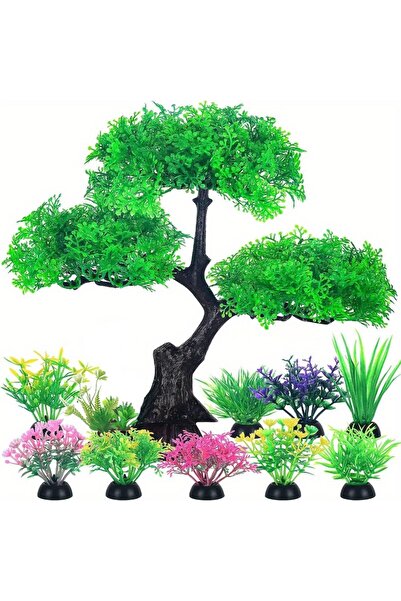 Choice3 مجموعة من 10 نباتات بلاستيكية اصطناعية خضراء لتزيين أحواض السمك، مناس...