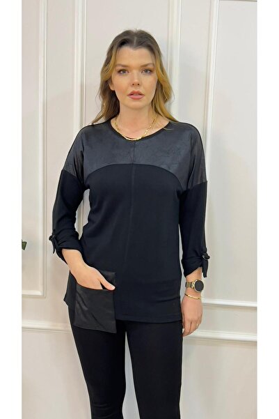 EtkiModa Жіноча чорна туніка з довгими рукавами та деталями зі штучної шкіри