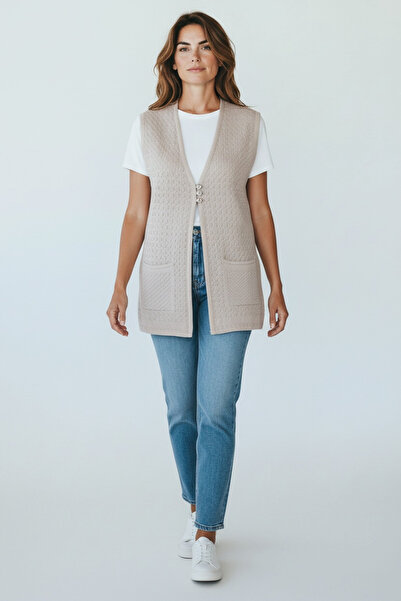 ECE GİYİM Women's Mercerized Vest with Three Button Pockets on the Front