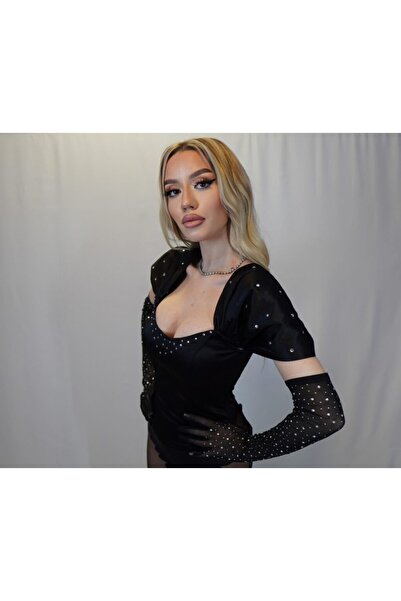 A.S.Signature Black corset with sleeves and rhinestones