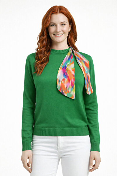 Neden Tekstil Green Scarf Detailed Half-Throat Knitwear Sweater